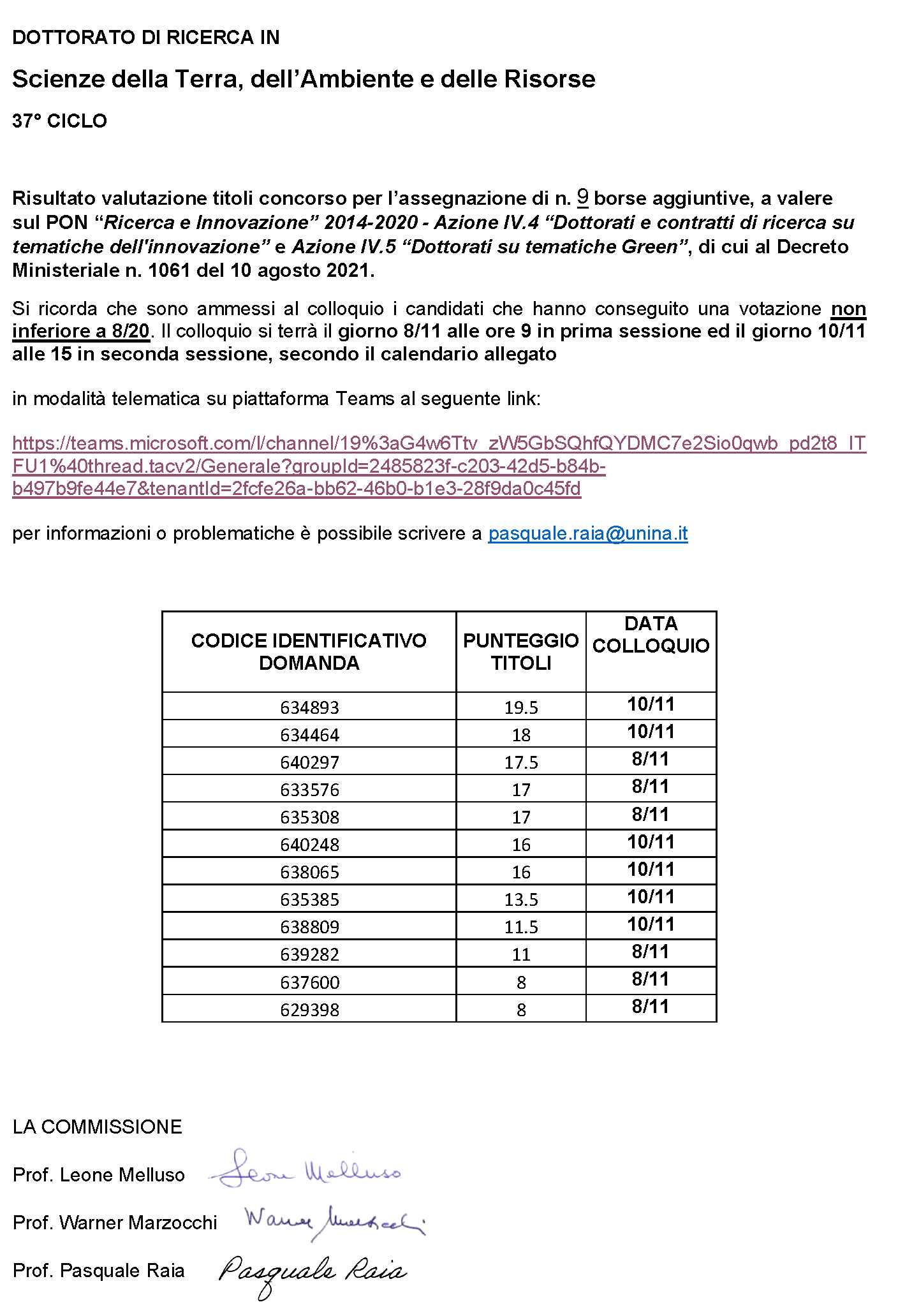 MODELLO PUBBLICAZIONE PUNTEGGIO TITOLI DiSTAR